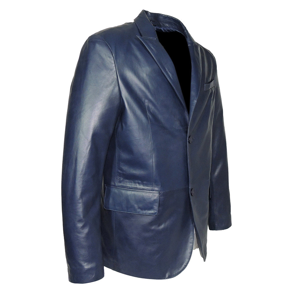Blazer en cuir d'agneau de Nouvelle-Zélande à deux boutons, bleu marine et noir, pour homme.