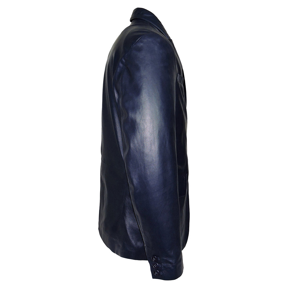 Blazer en cuir d'agneau de Nouvelle-Zélande à deux boutons, bleu marine et noir, pour homme.