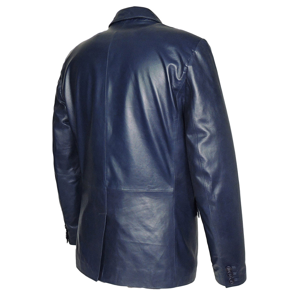 Blazer en cuir d'agneau de Nouvelle-Zélande à deux boutons, bleu marine et noir, pour homme.