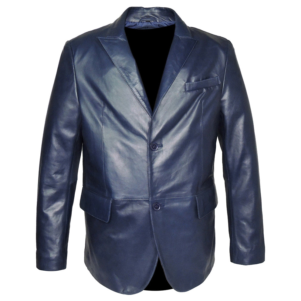 Blazer en cuir d'agneau de Nouvelle-Zélande à deux boutons, bleu marine et noir, pour homme.