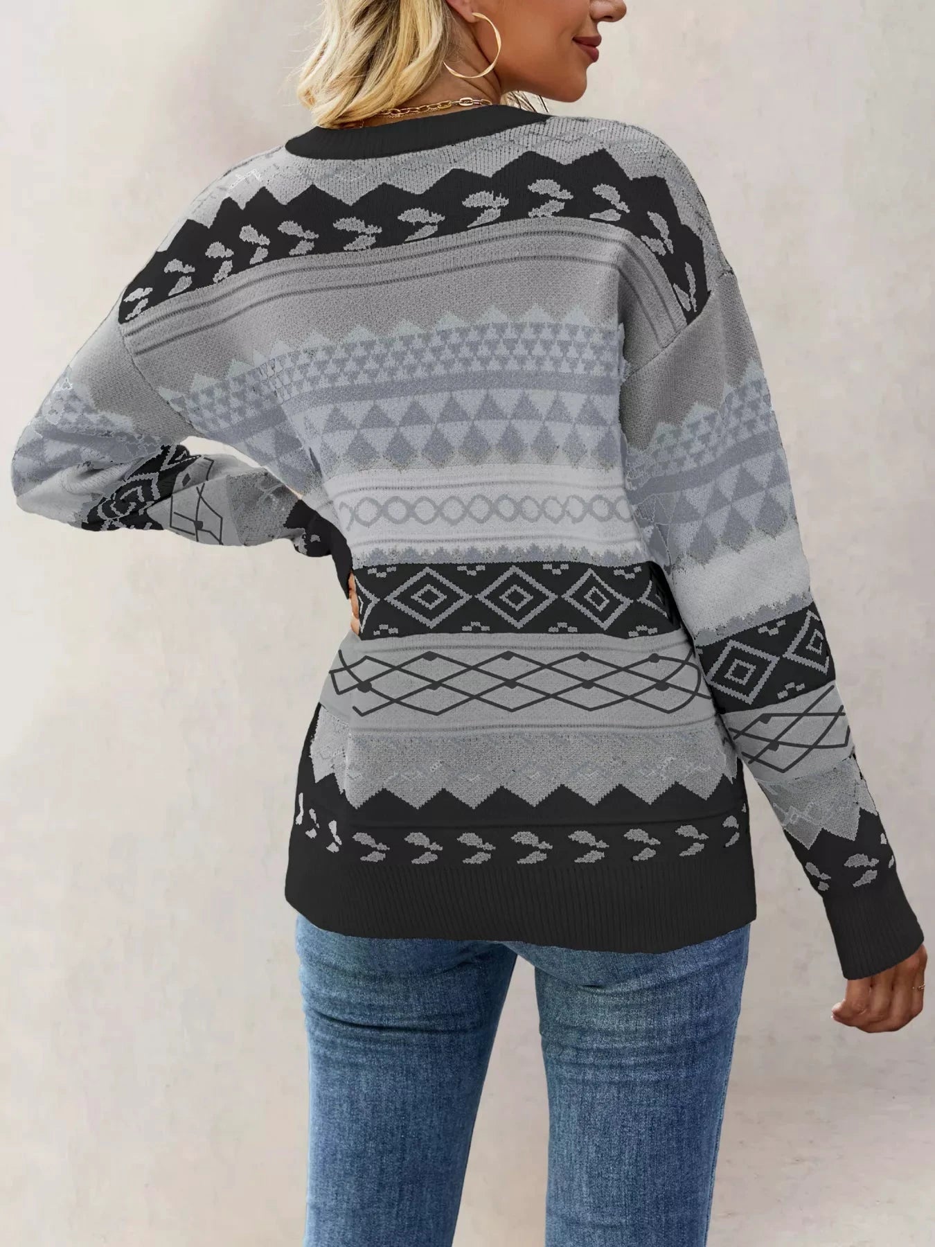 Geometric Pattern Round Neck Sweater by Trendsi