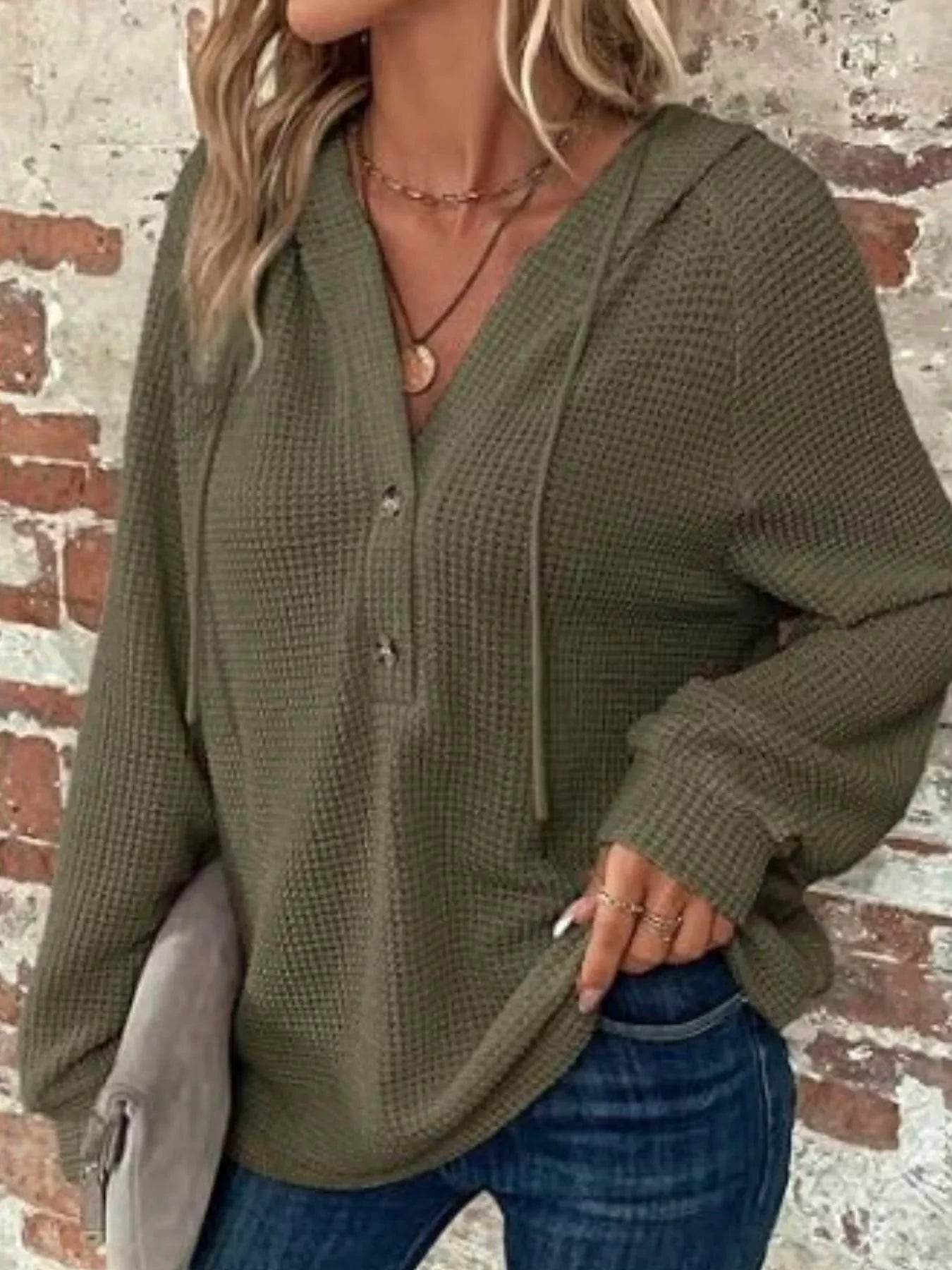 Waffle Knit Button Detail Hoodie by Trendsi