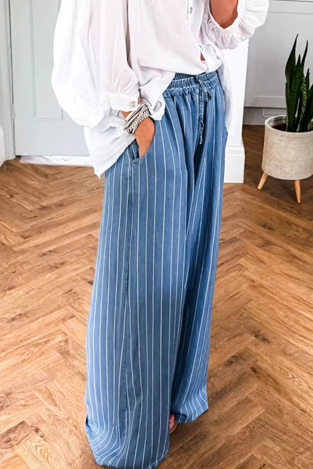 Stripe Chambray Wide Leg Tied Elastic Waist Jeans by Trendsi