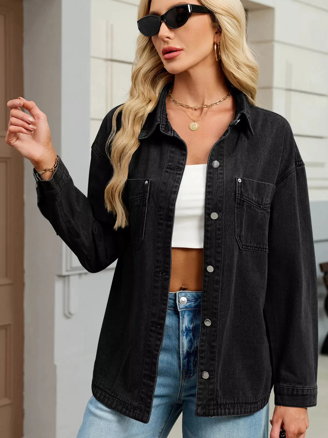 Button Up Dropped Shoulder Denim Jacket by Trendsi