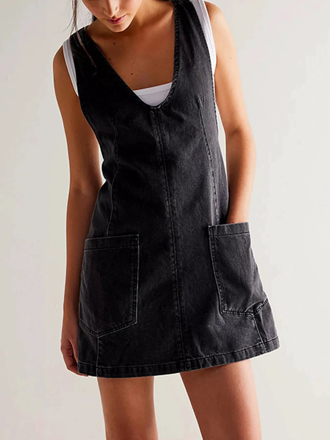 Oversized V-Neck Denim Tank Dress with Front Pockets by Trendsi