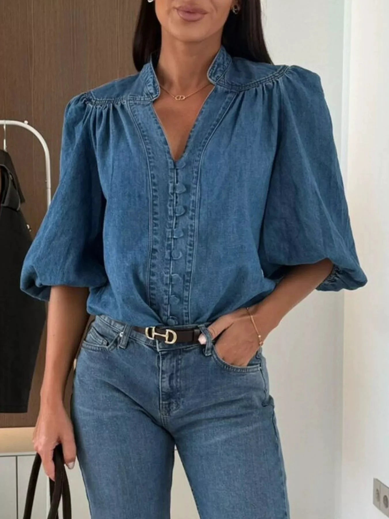 Button-Down Puff Sleeve Denim Top by Trendsi