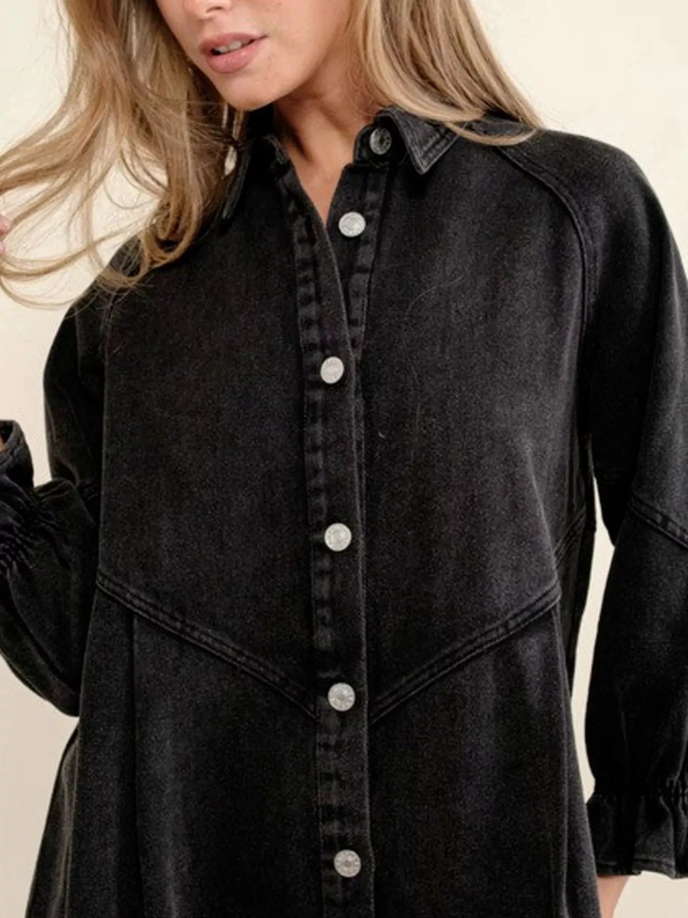 Ruffled Cuff Button-Down Denim Dress by Trendsi
