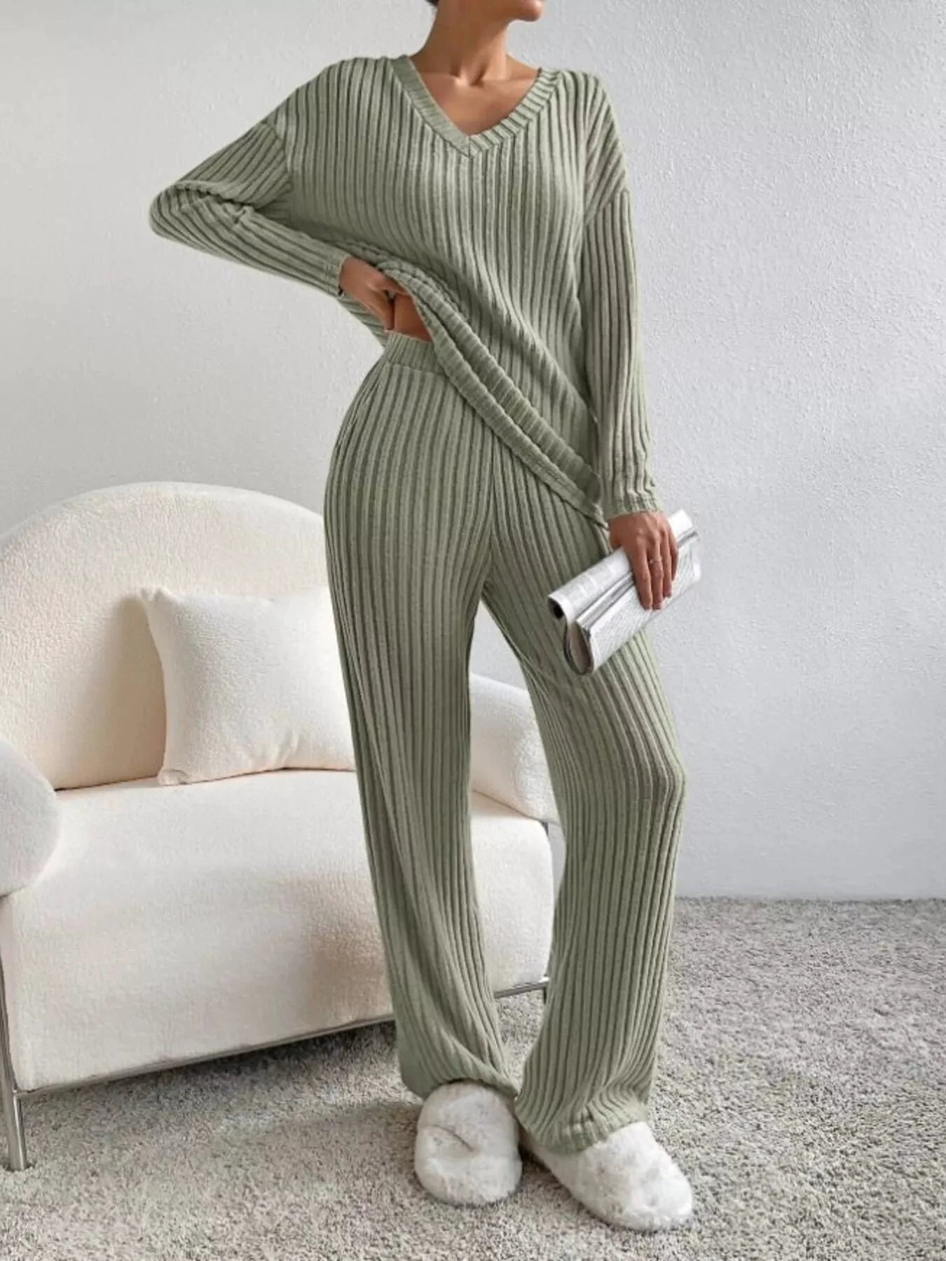Ribbed Knit V-Neck Top and Pants Set by Trendsi
