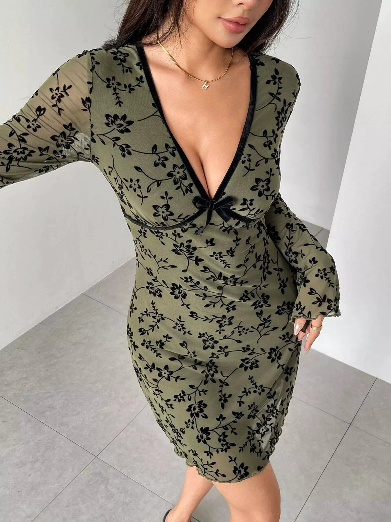 Floral Print Flare Sleeve Mini Dress by Trendsi