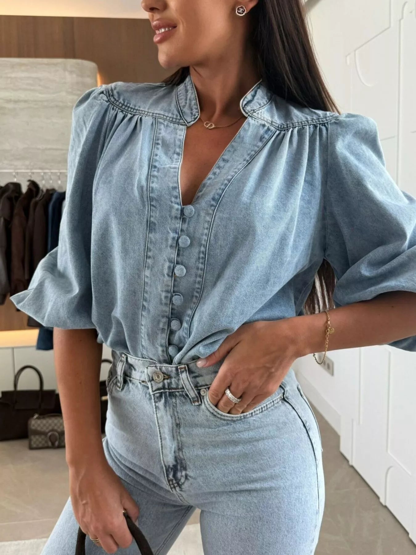 Button-Down Puff Sleeve Denim Top by Trendsi