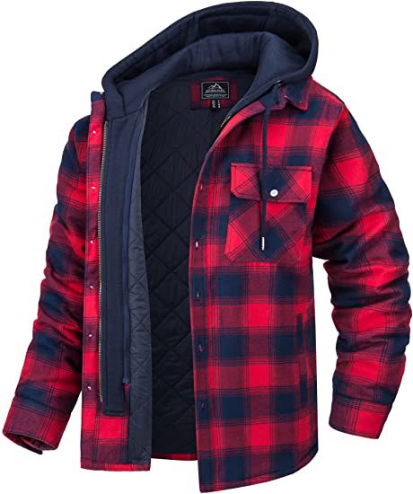 Men's Plaid Hooded Coat Winter Warm Button Zip-up Jacket Fashion Casual Thick Padded Long Sleeves Outerwear Clothing