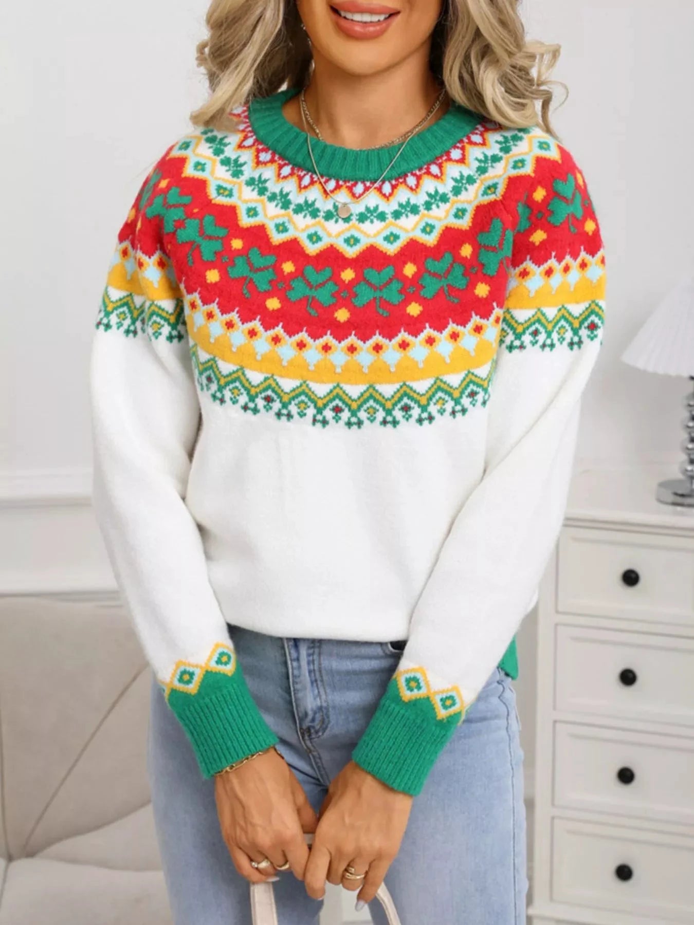 Clover Pattern Round Neck Knitted Sweater by Trendsi