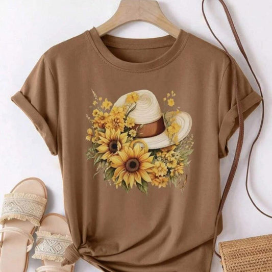 Womens Loose-Fit Crew-Neck T-Shirt With A Pure Cotton Sunflower Straw Hat Design by JeansDenim.Store