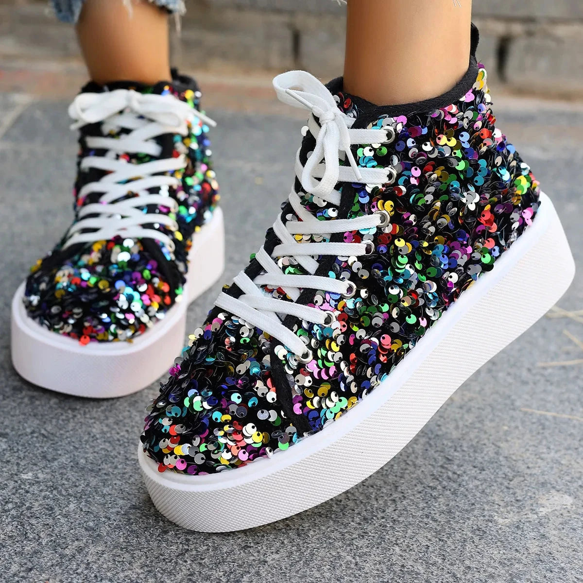 Sequin Round Toe Platform Sneakers by Trendsi