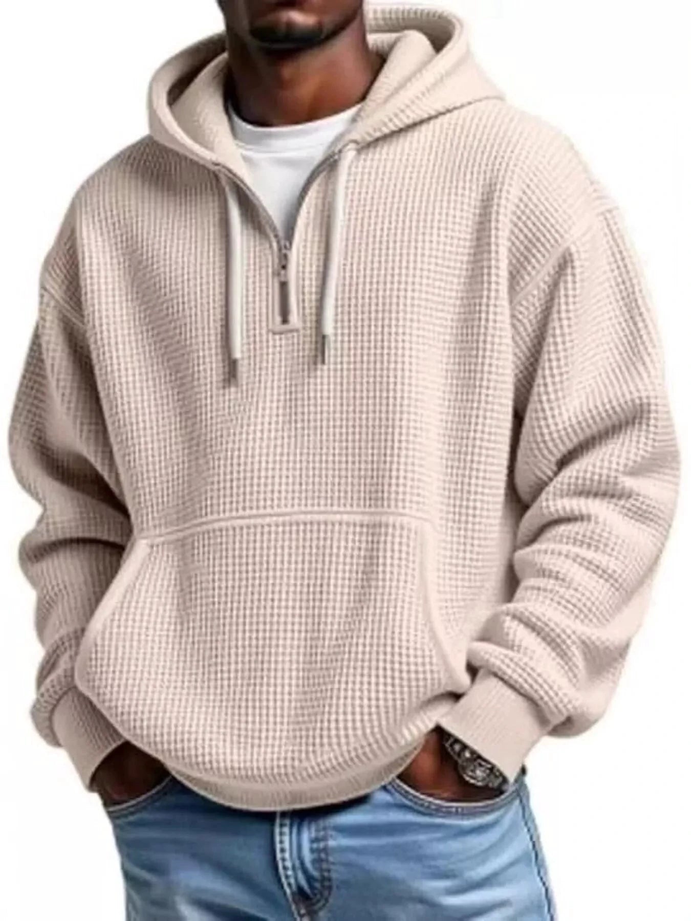 Men's Full Size Textured Waffle Knit Half-Zip Hoodie Plus Size by Trendsi