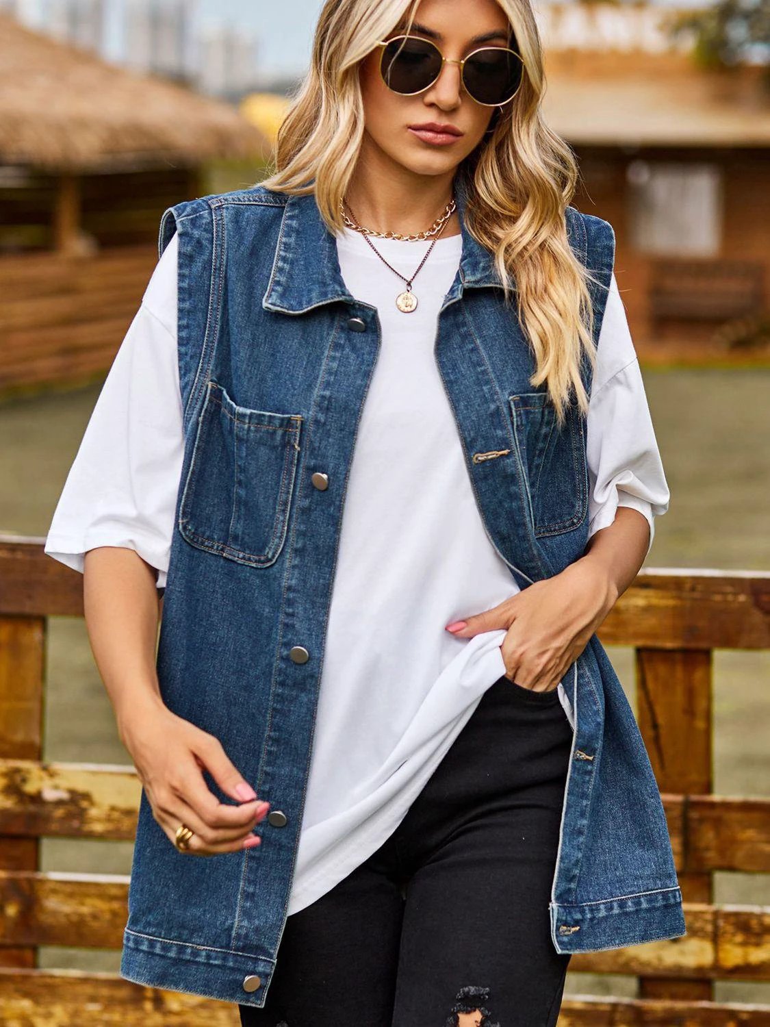 Button Down Denim Vest by Trendsi