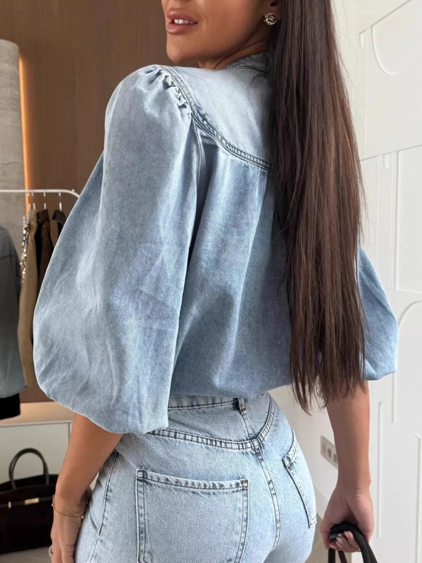 Button-Down Puff Sleeve Denim Top by Trendsi