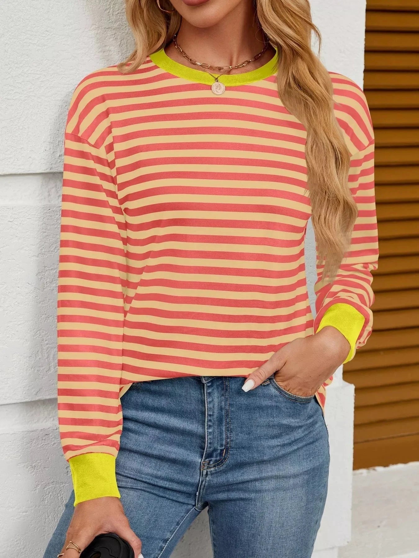 Striped Round Neck Long Sleeve T-Shirt by Trendsi