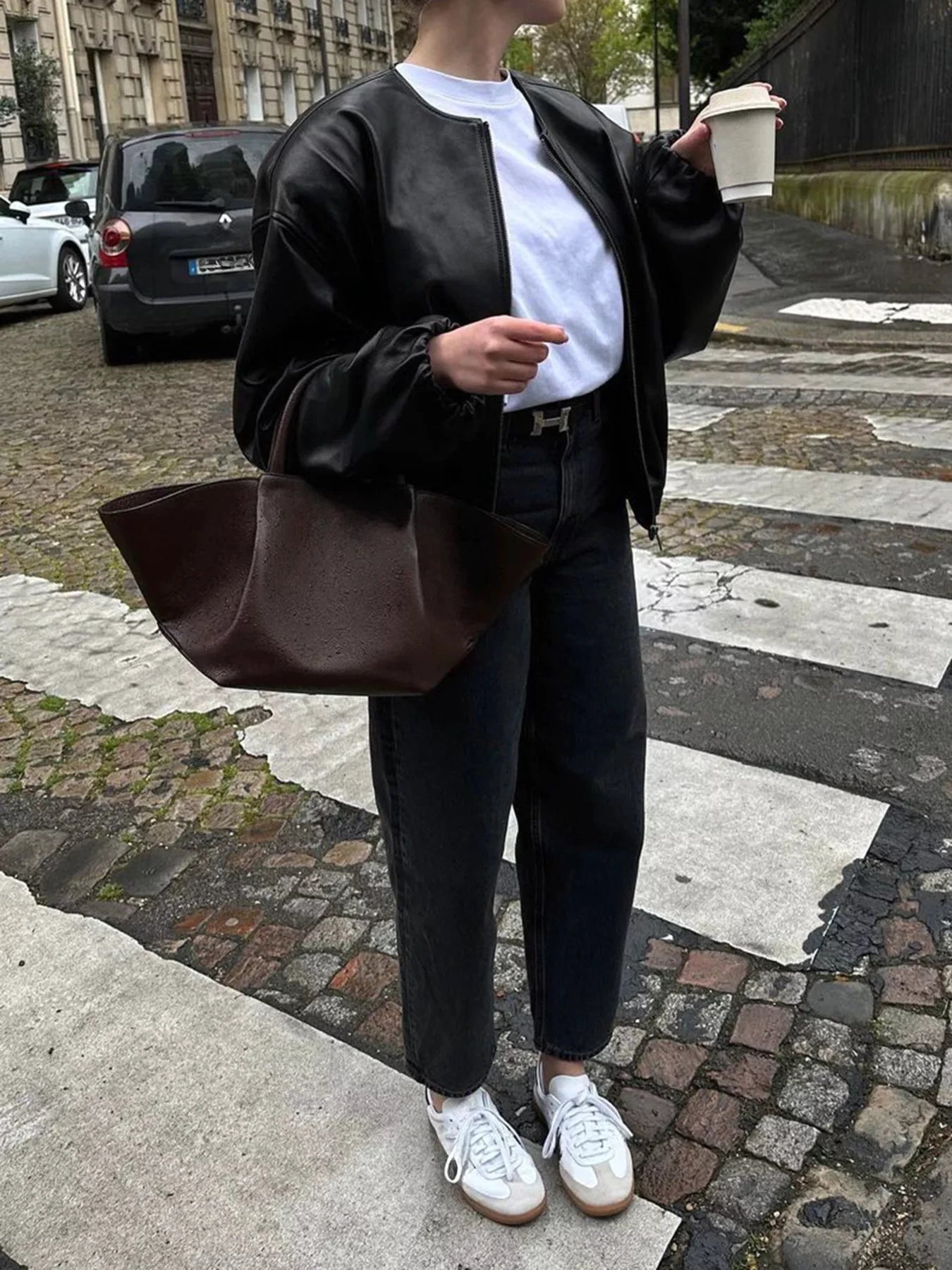 Zip Up Leather Bomber Jacket by Trendsi