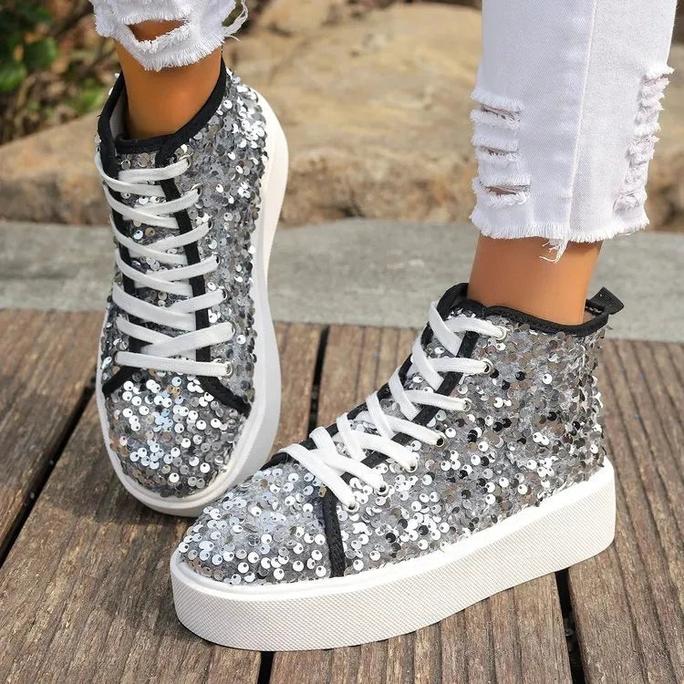 Sequin Round Toe Platform Sneakers by Trendsi