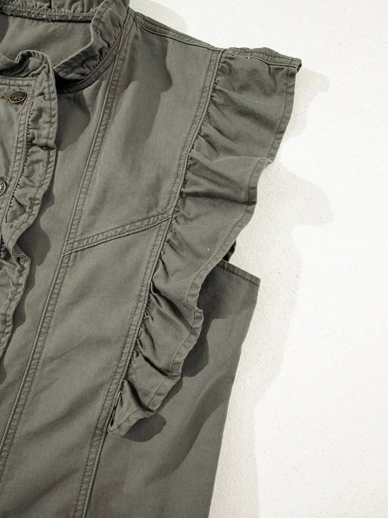 Ruffled Patchwork Denim Jacket Vest by Trendsi