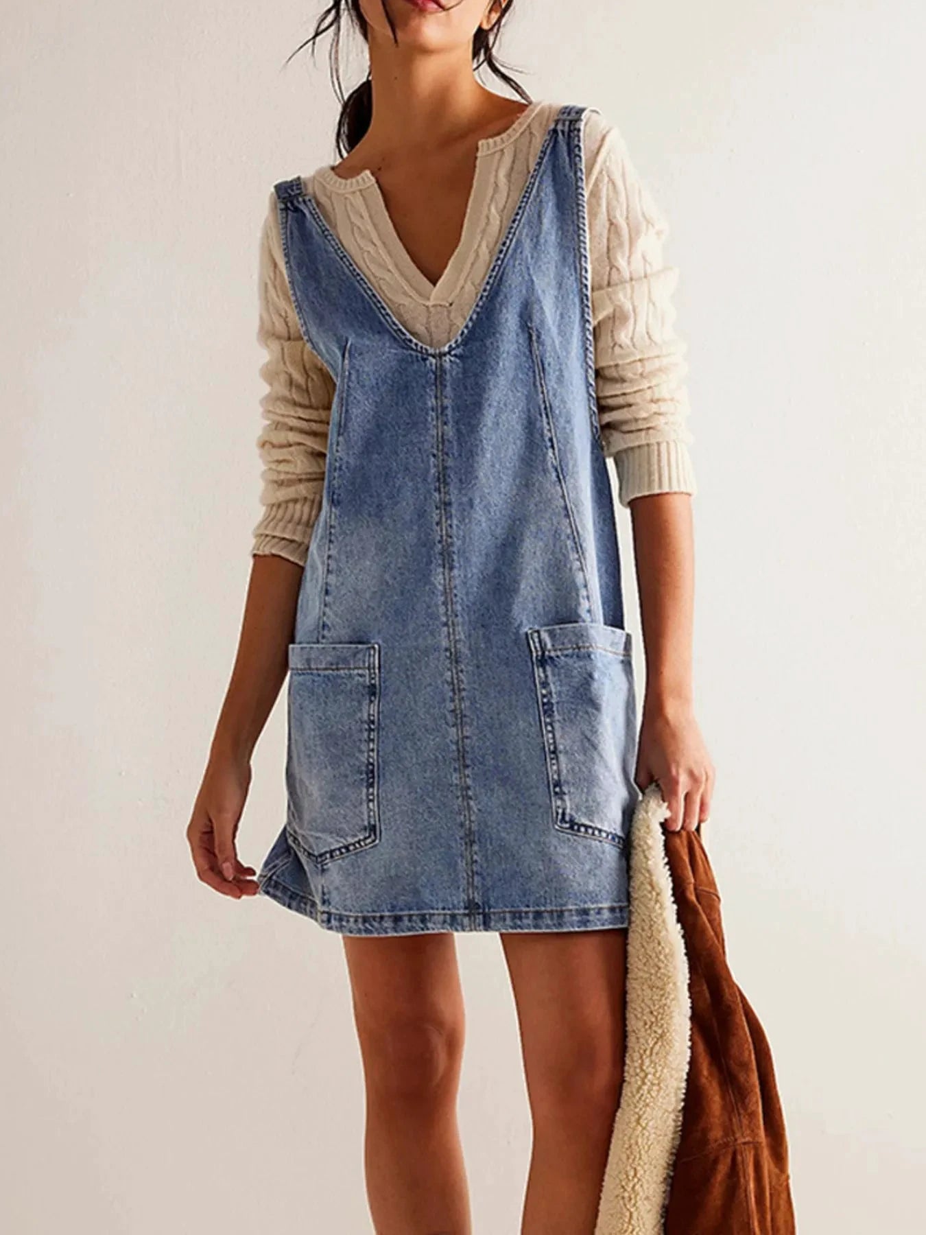 Oversized V-Neck Denim Tank Dress with Front Pockets by Trendsi