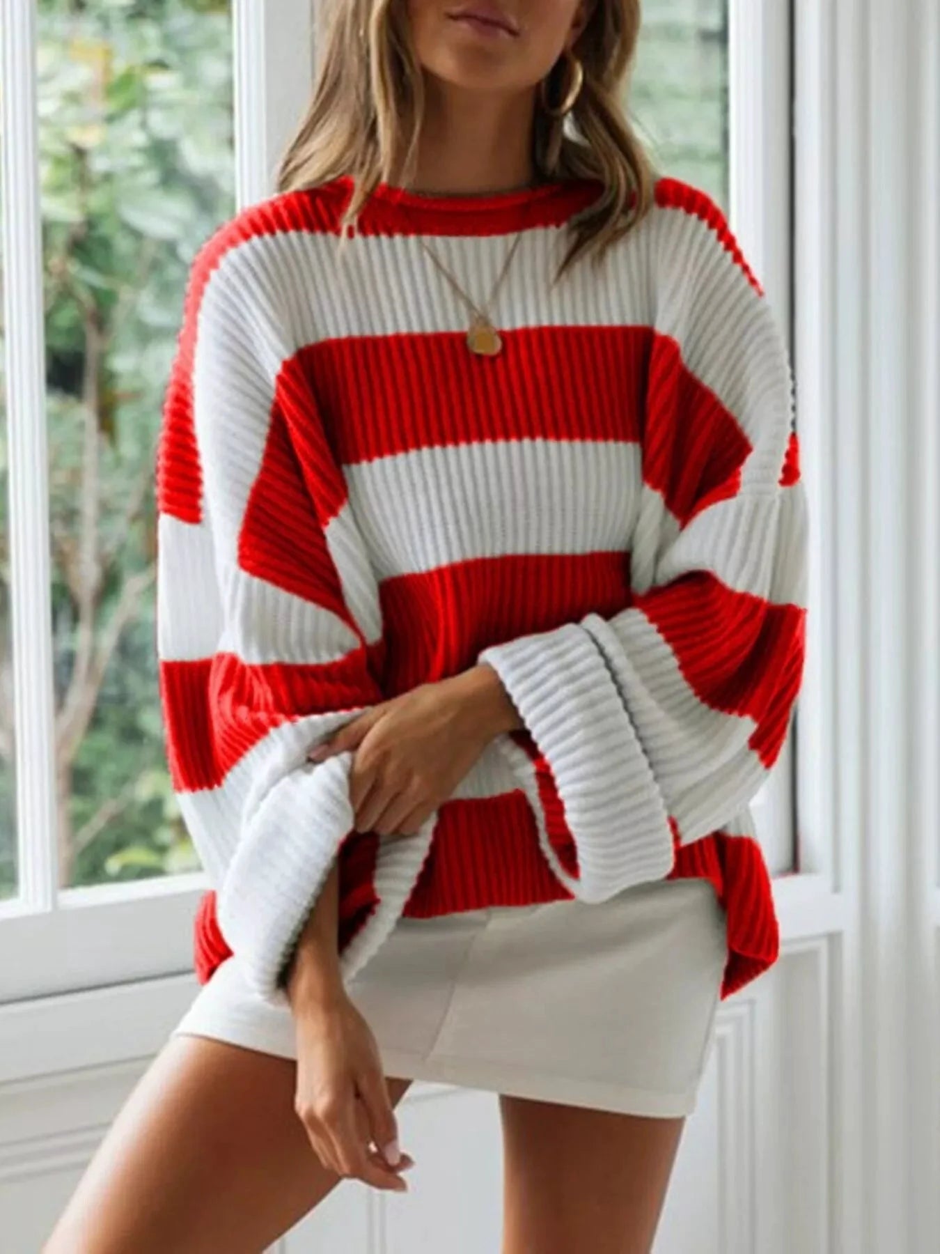 Full Size Contrast Striped Round Neck Sweater Plus Size by Trendsi