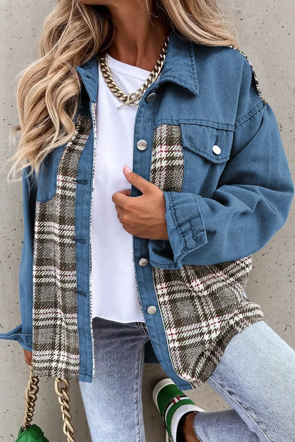 Plaid Pocketed Button Up Denim Jacket by Trendsi
