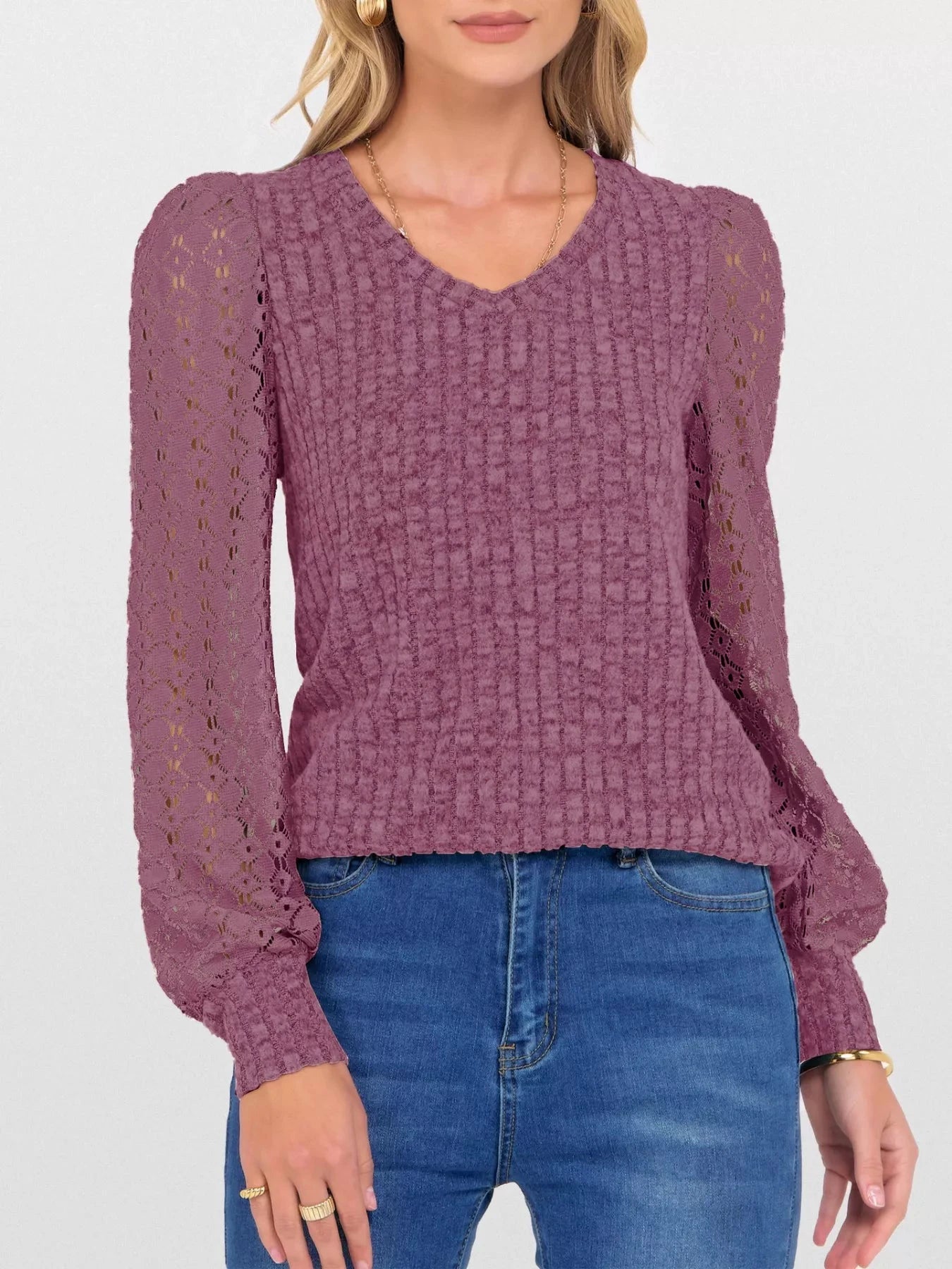 Lace Sleeve V-Neck T-Shirt by Trendsi