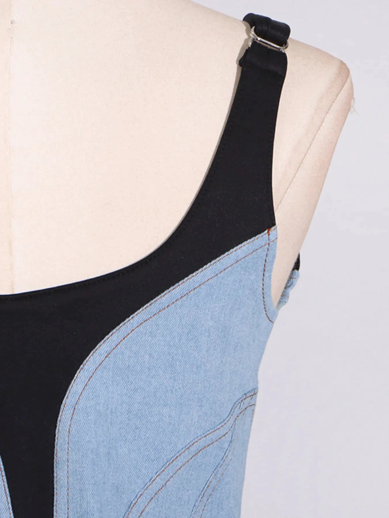 Contrast Adjustable Strap Denim Dress by Trendsi