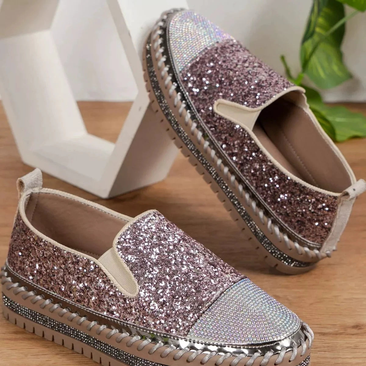 Rhinestone Sequin Round Toe Platform Loafers by Trendsi