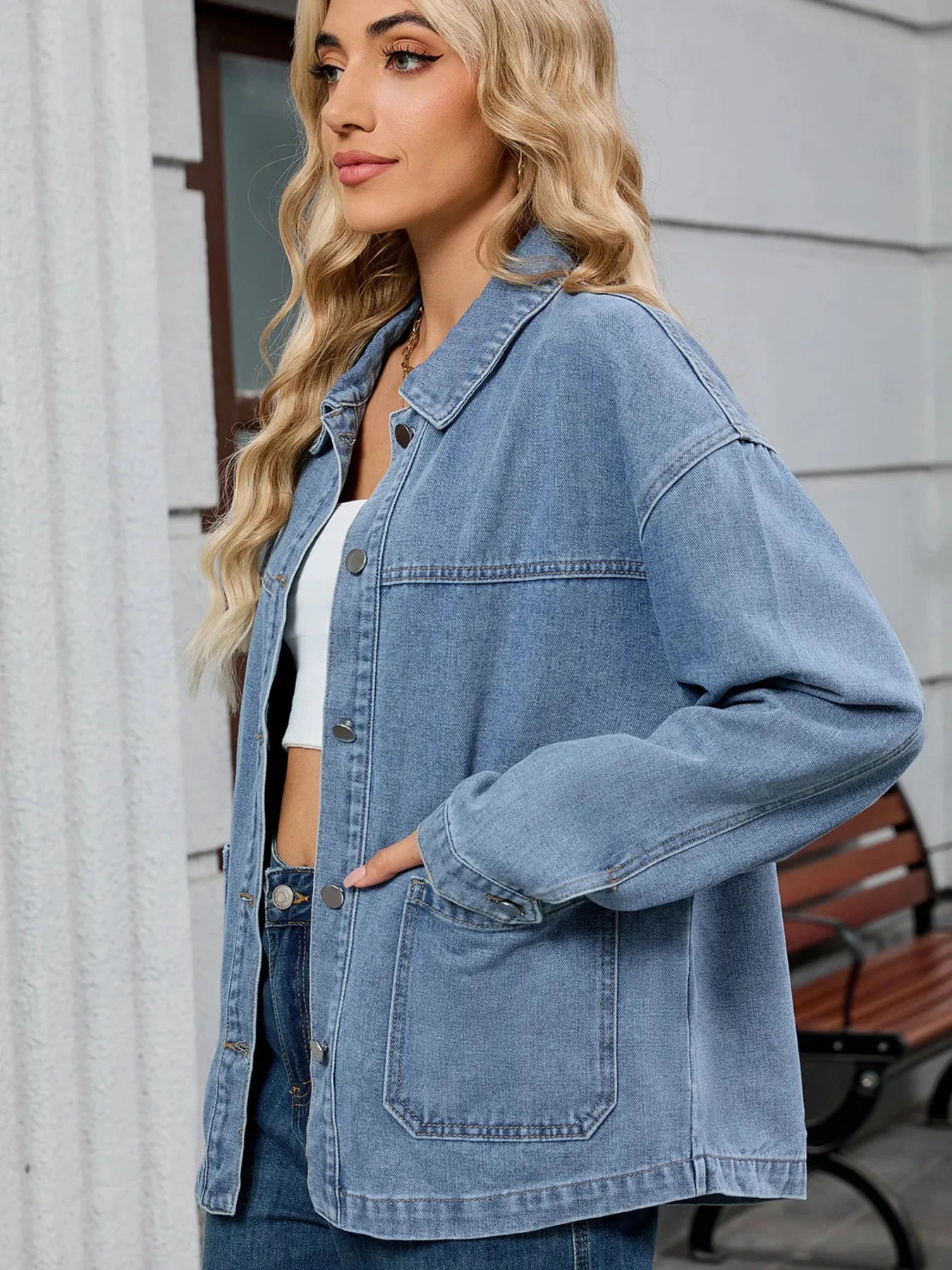 Washed Oversized Button Down Denim Jacket by Trendsi