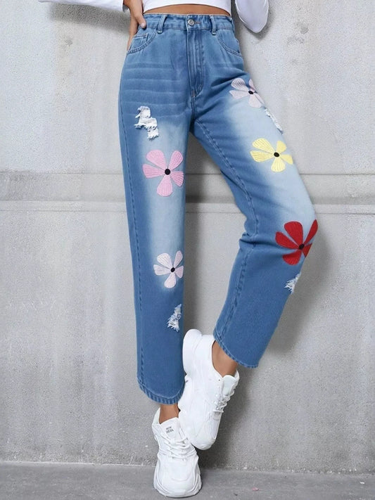 Floral Embroidered High Waist Distressed Jeans by Trendsi
