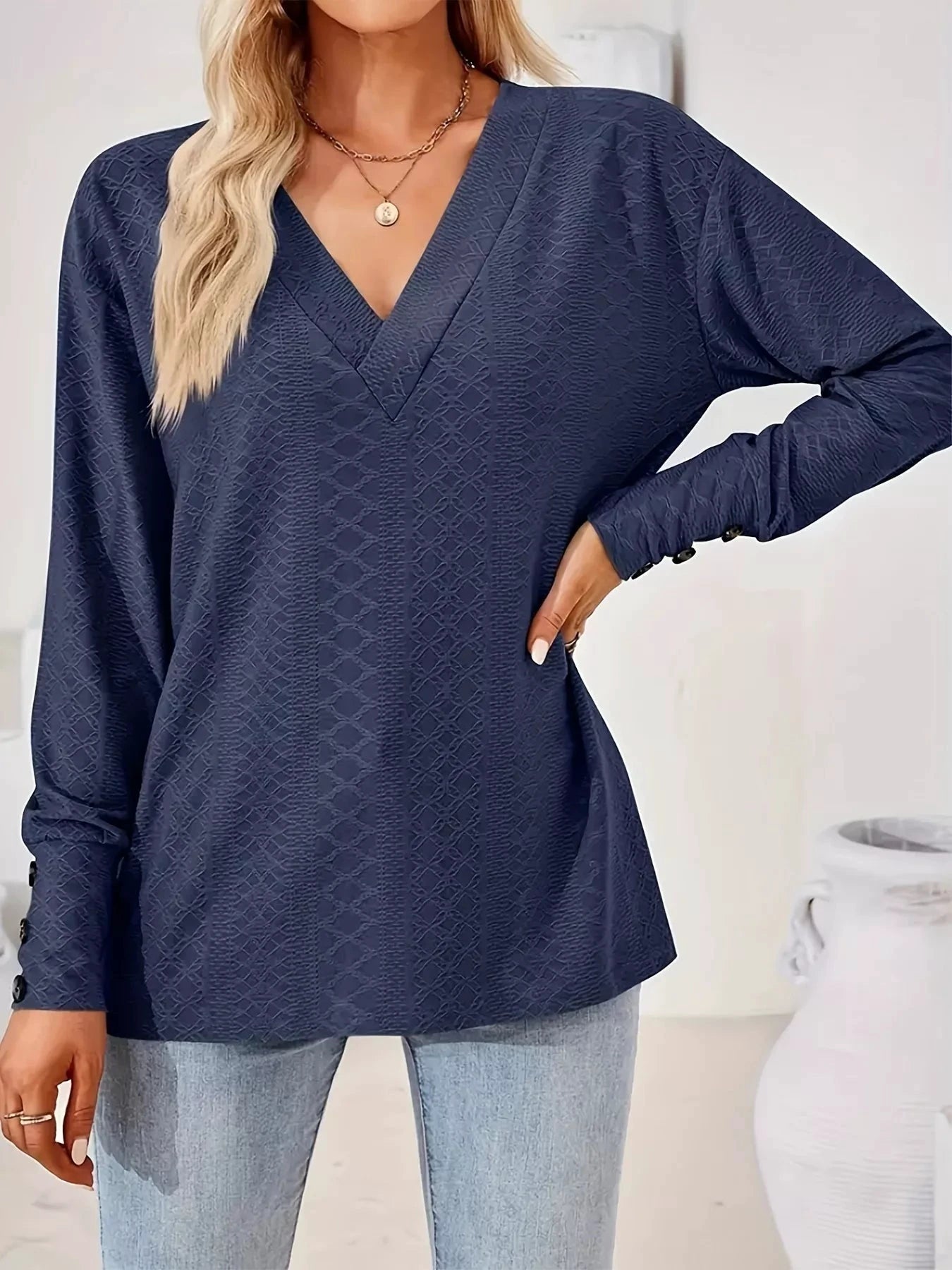 Plus Size V-Neck Textured Long Sleeve T-Shirt by Trendsi