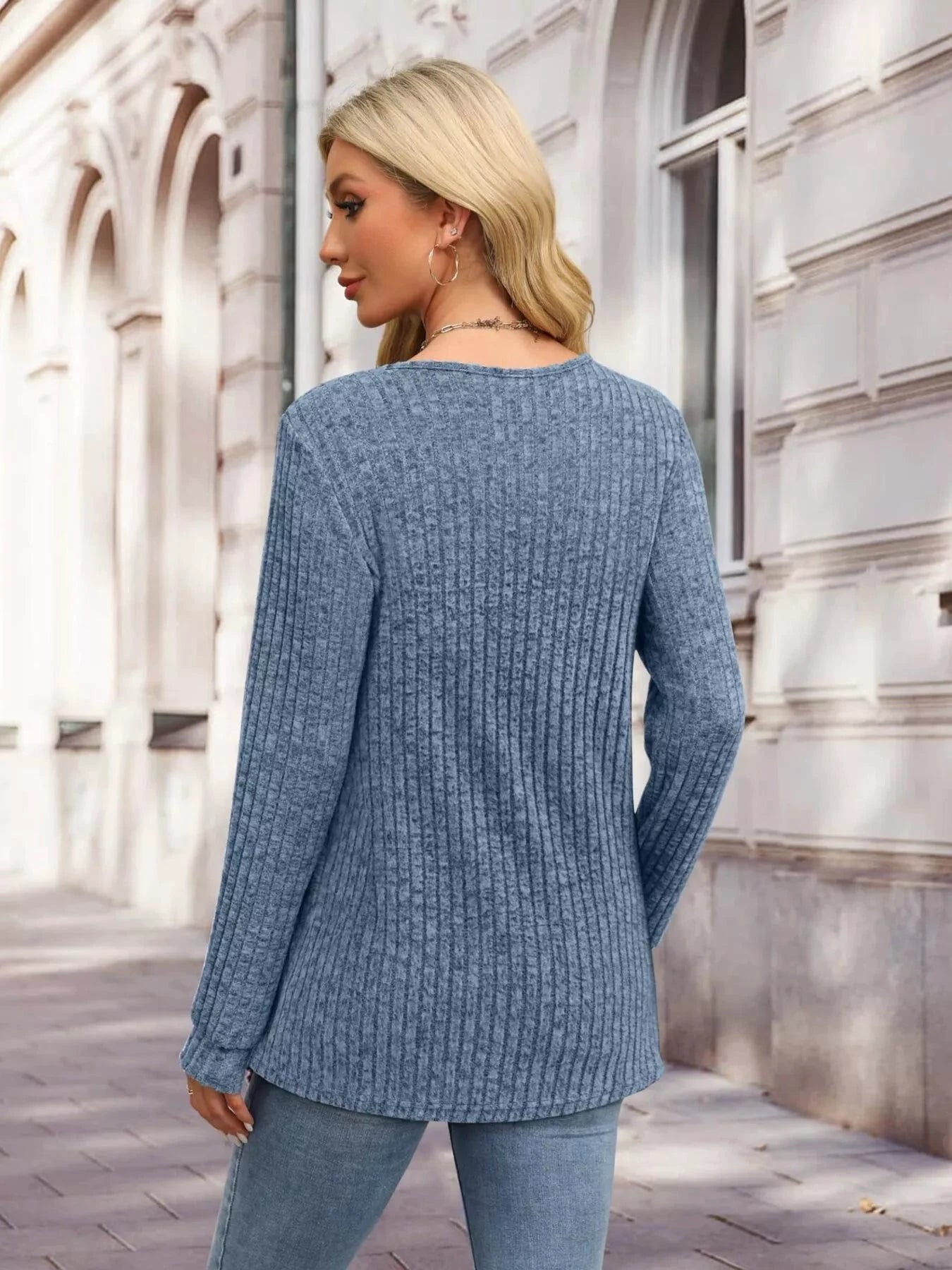 Ribbed Knit Button-Front Long Sleeve T-Shirt by Trendsi