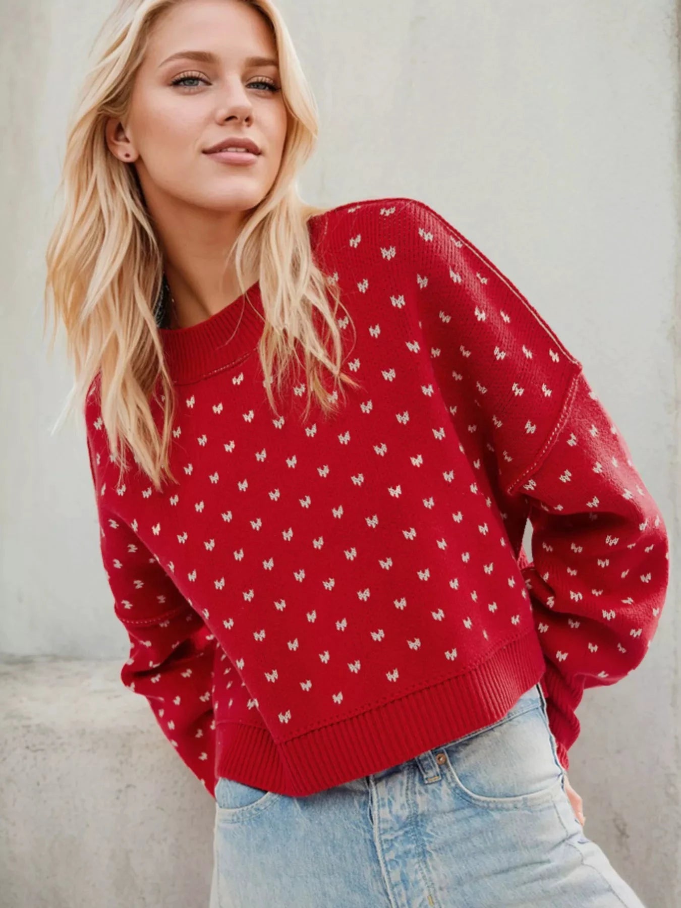 Heart-Patterned Round Neck Sweater by Trendsi
