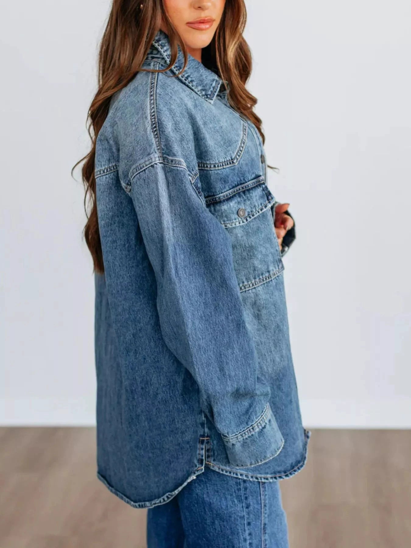 Snap Down Dropped Shoulder Denim Jacket by Trendsi
