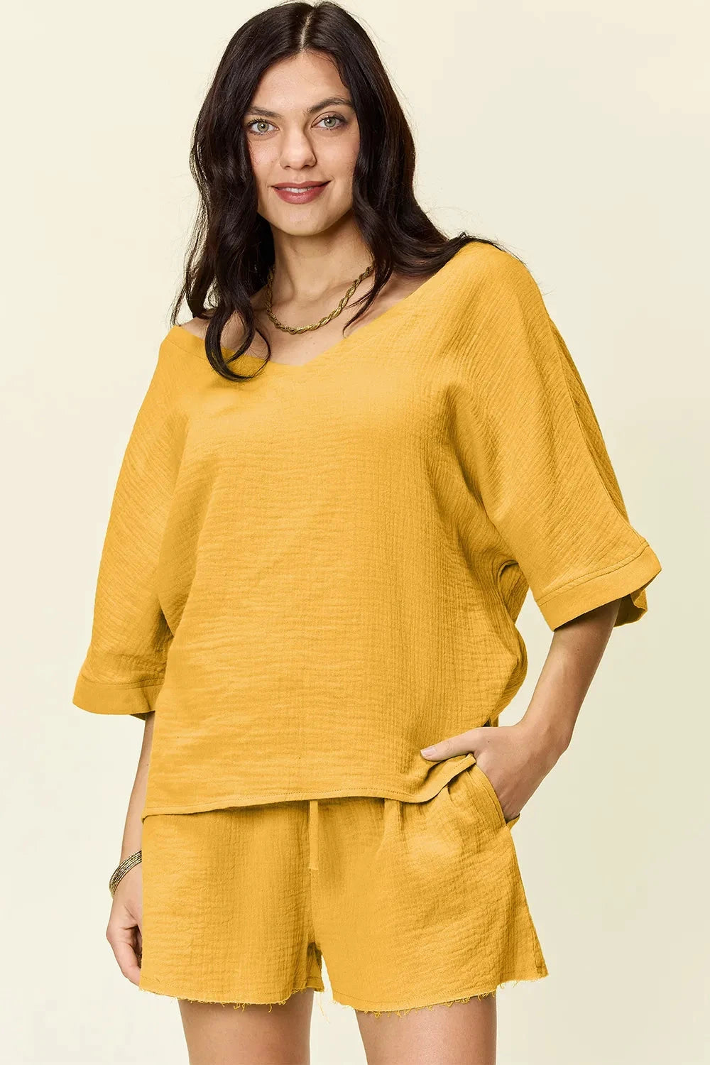 Double Take Texture Half Sleeve T-Shirt and Drawstring Shorts Set by Trendsi