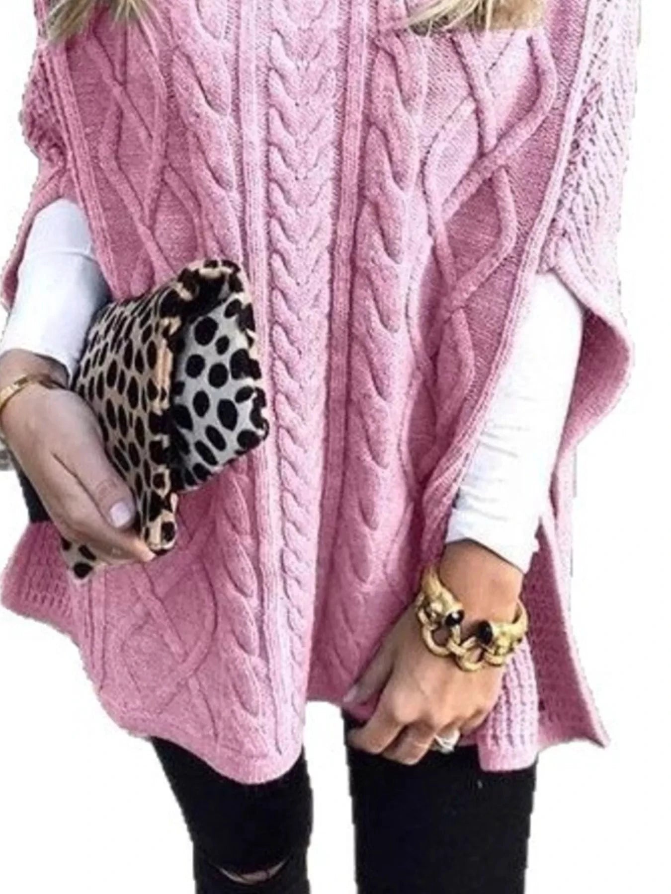 Chunky Cable Knit Turtleneck Poncho Cover Up by Trendsi