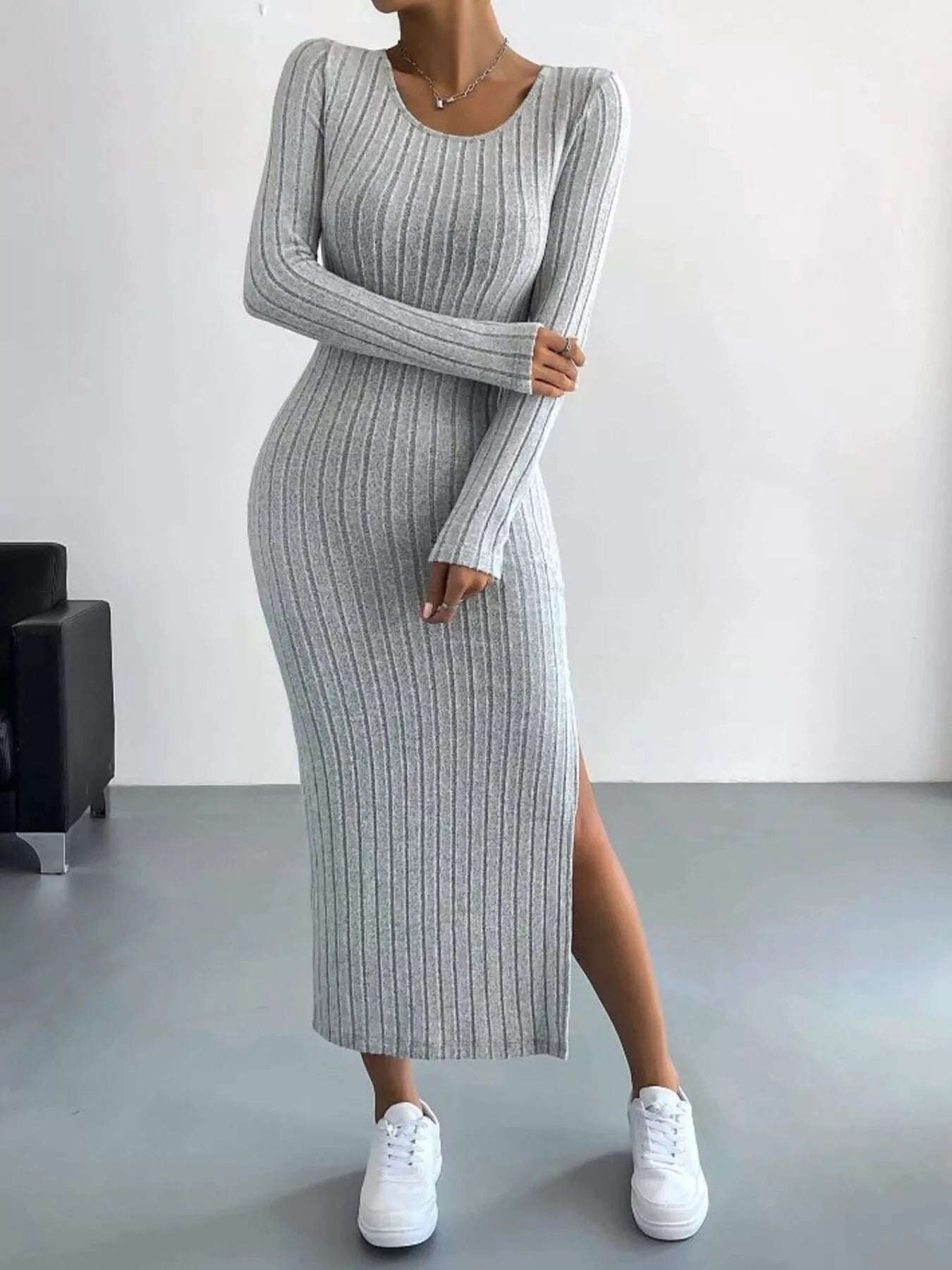 Full Size Ribbed Knit Bodycon Midi Dress Plus Size by Trendsi