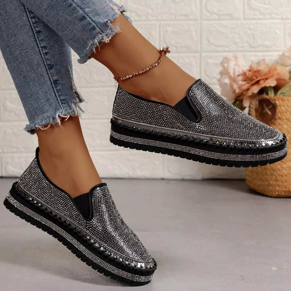 Rhinestone Round Toe Platform Loafers by Trendsi