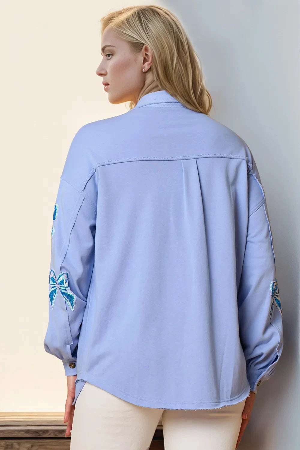 Double Take Full Size Sequin Bow Button Up Shacket by Trendsi