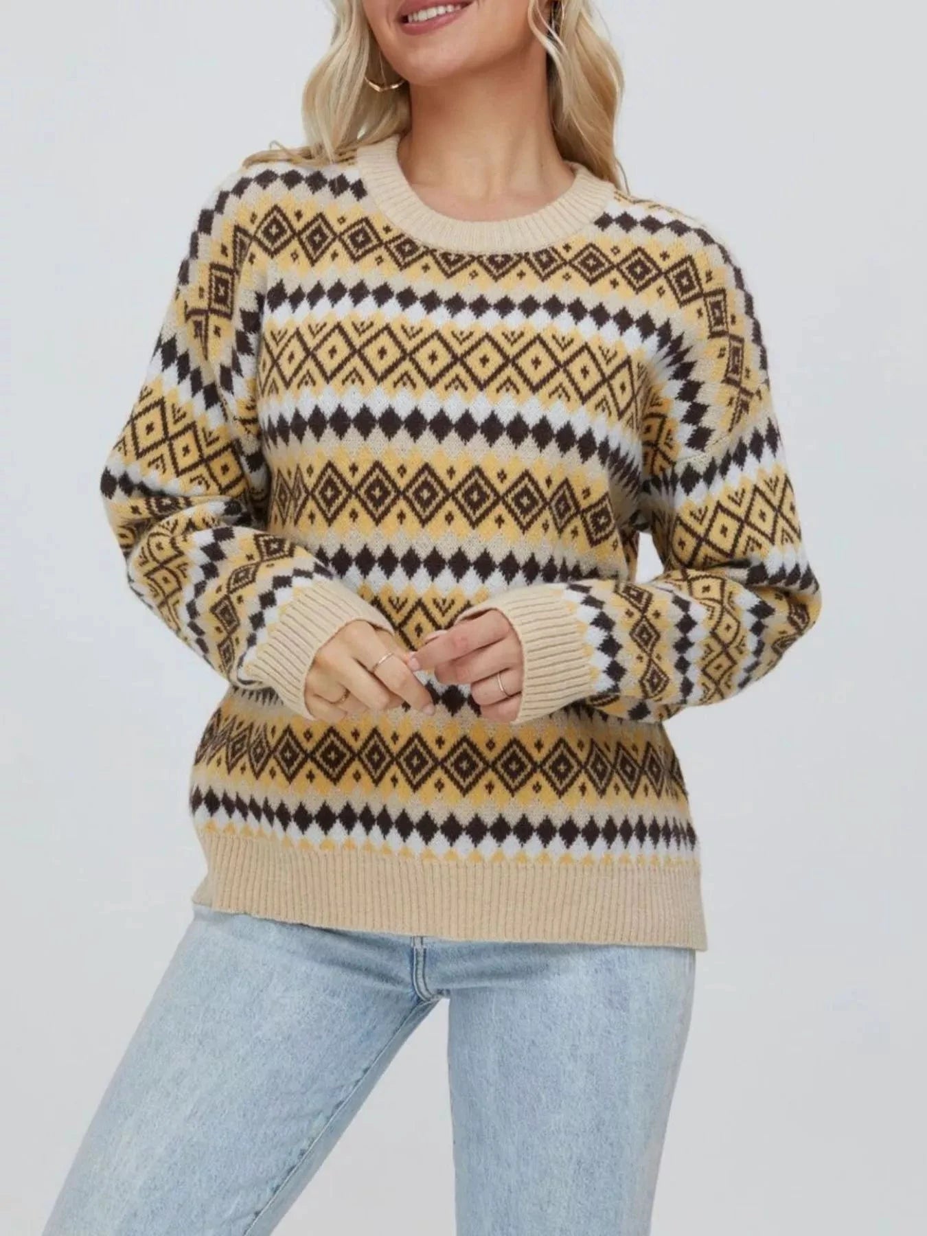 Geometric Pattern Round Neck Sweater by Trendsi