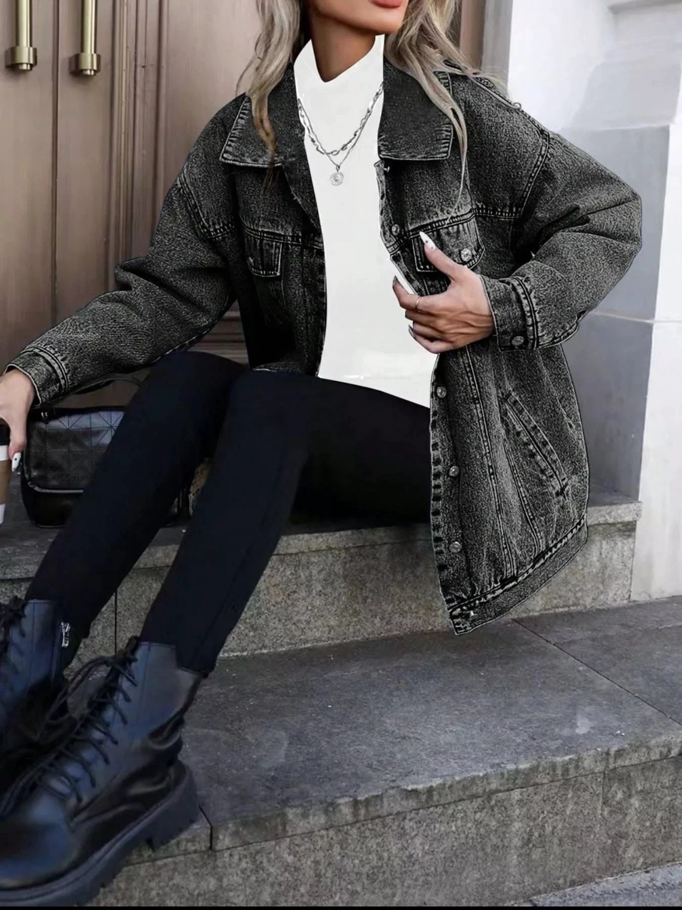 Washed Button Up Oversized Denim Jacket by Trendsi