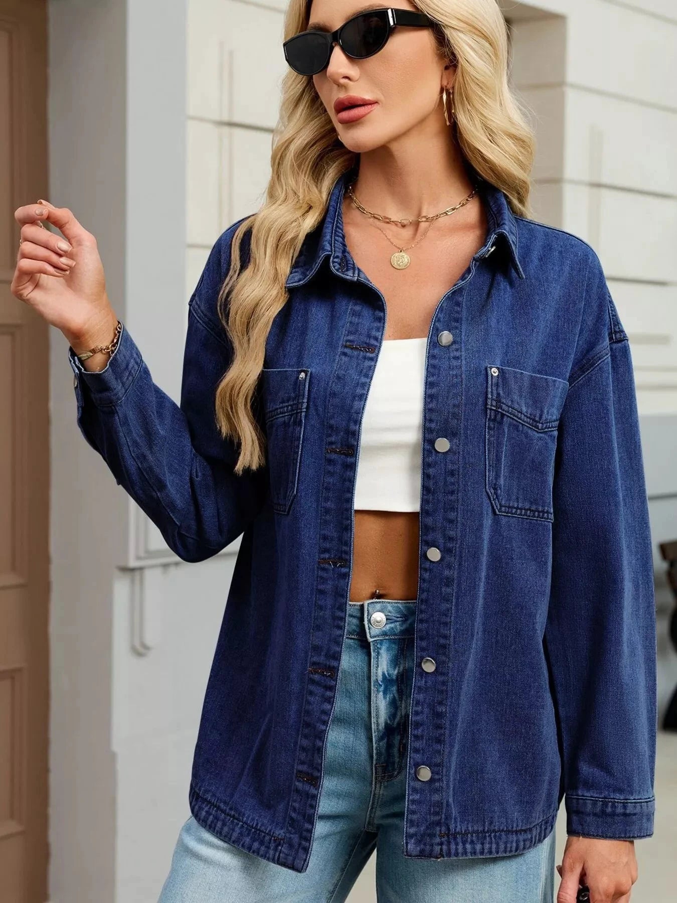 Button Up Dropped Shoulder Denim Jacket by Trendsi
