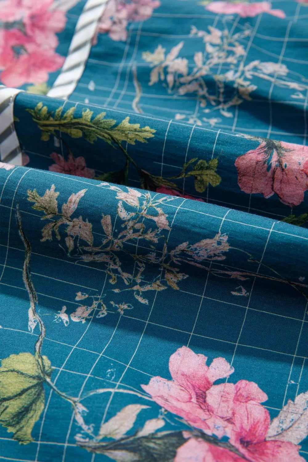 Floral Print Contrast Yoke Patchwork Striped Trim Long Puff Sleeve Blouse by Trendsi