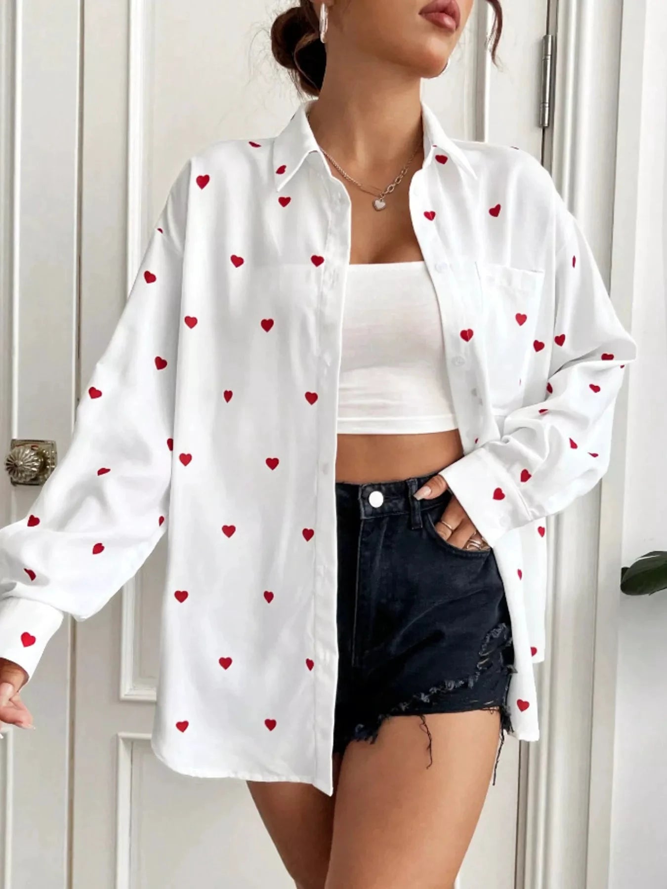 Heart Button Up Oversized Shirt by Trendsi