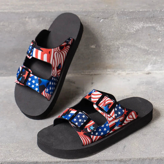 American Flag Patriotic Double Strap Sandals by Trendsi