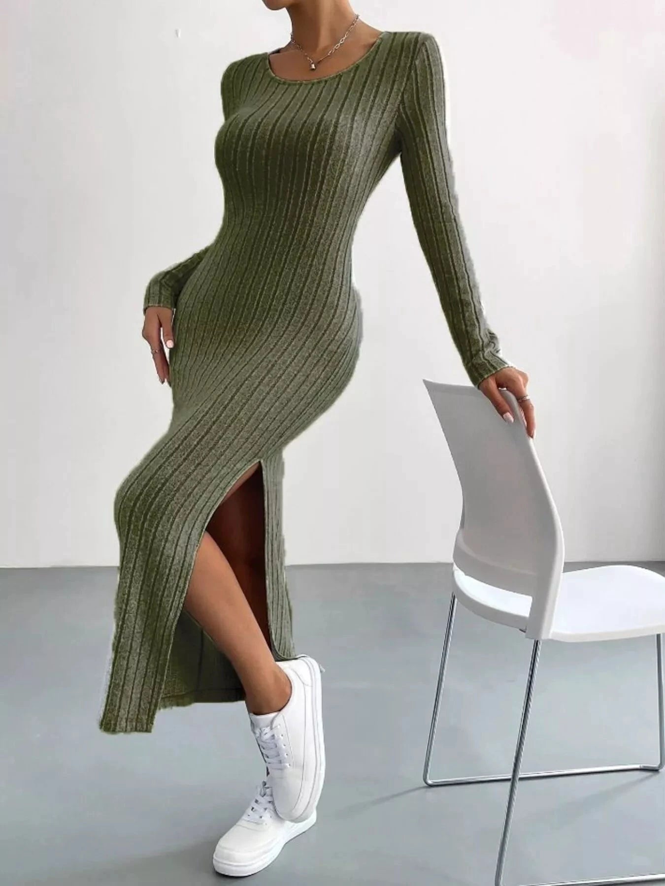 Full Size Ribbed Knit Bodycon Midi Dress Plus Size by Trendsi