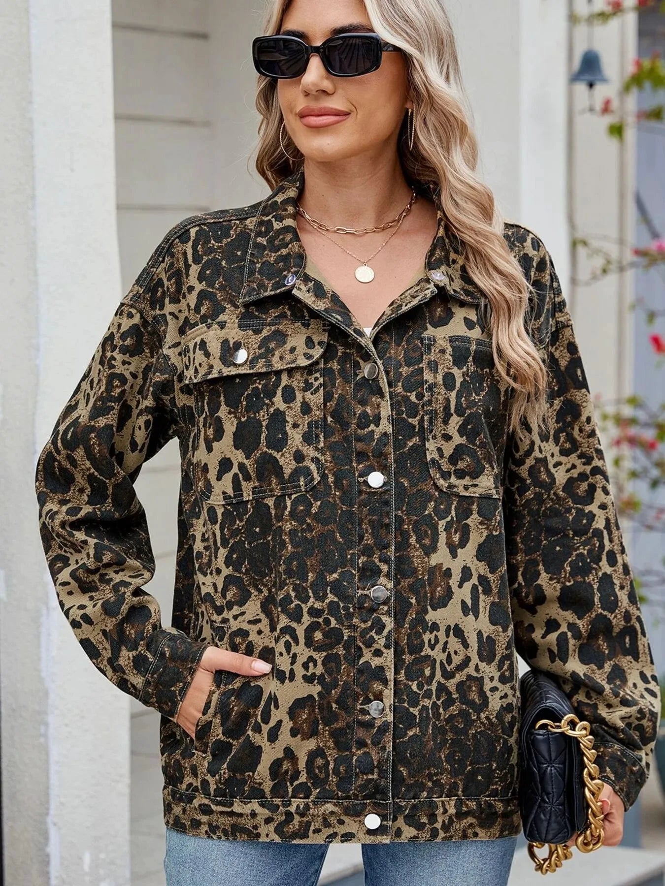 Leopard Print Oversized Denim Jacket by Trendsi